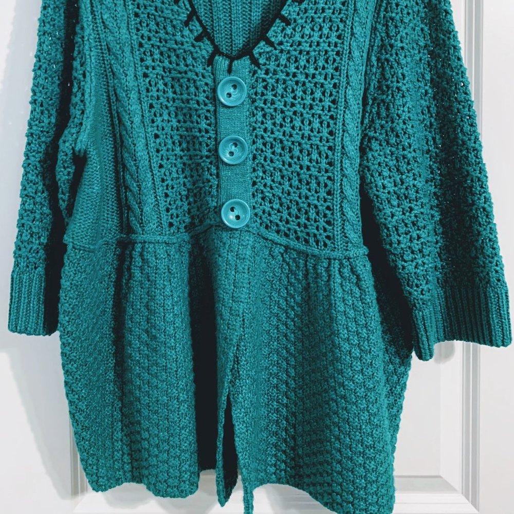 Aqua & black crochet 3 button sweater